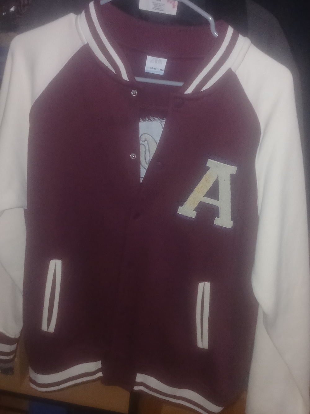 Zara Maroon and Cream Kids Varsity Jacket with A Patch